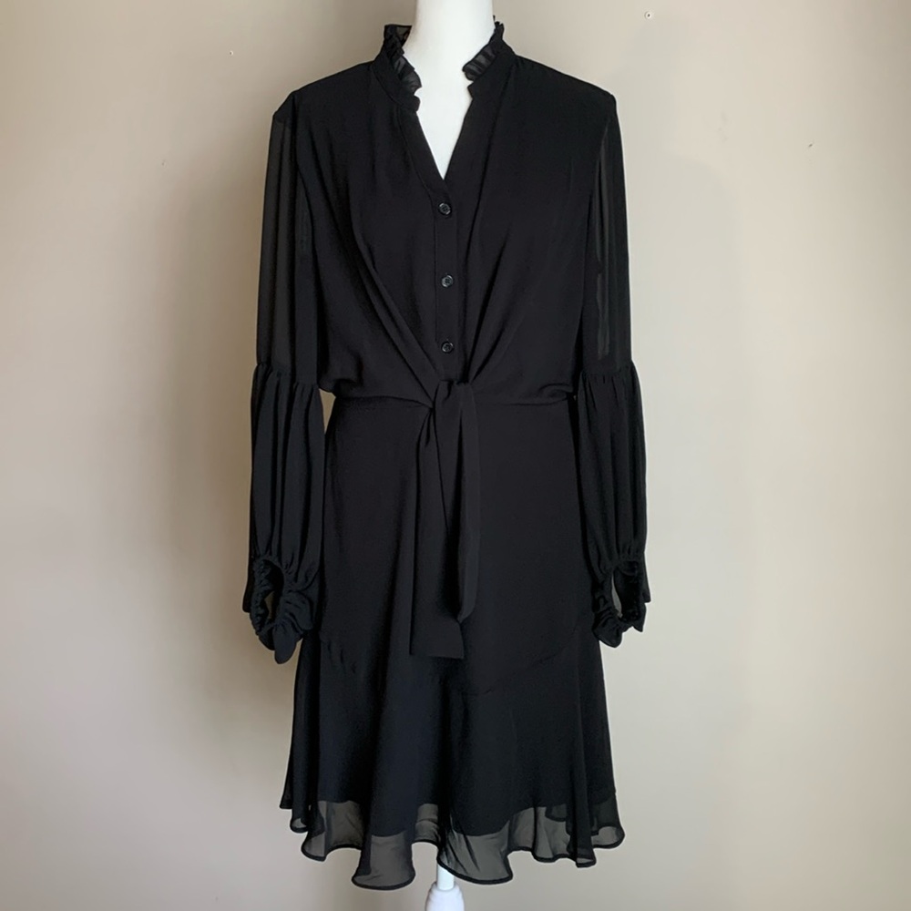 Black Long Sleeve Dress Medium Cato Womens Knee Length Tie Waist Button Spring